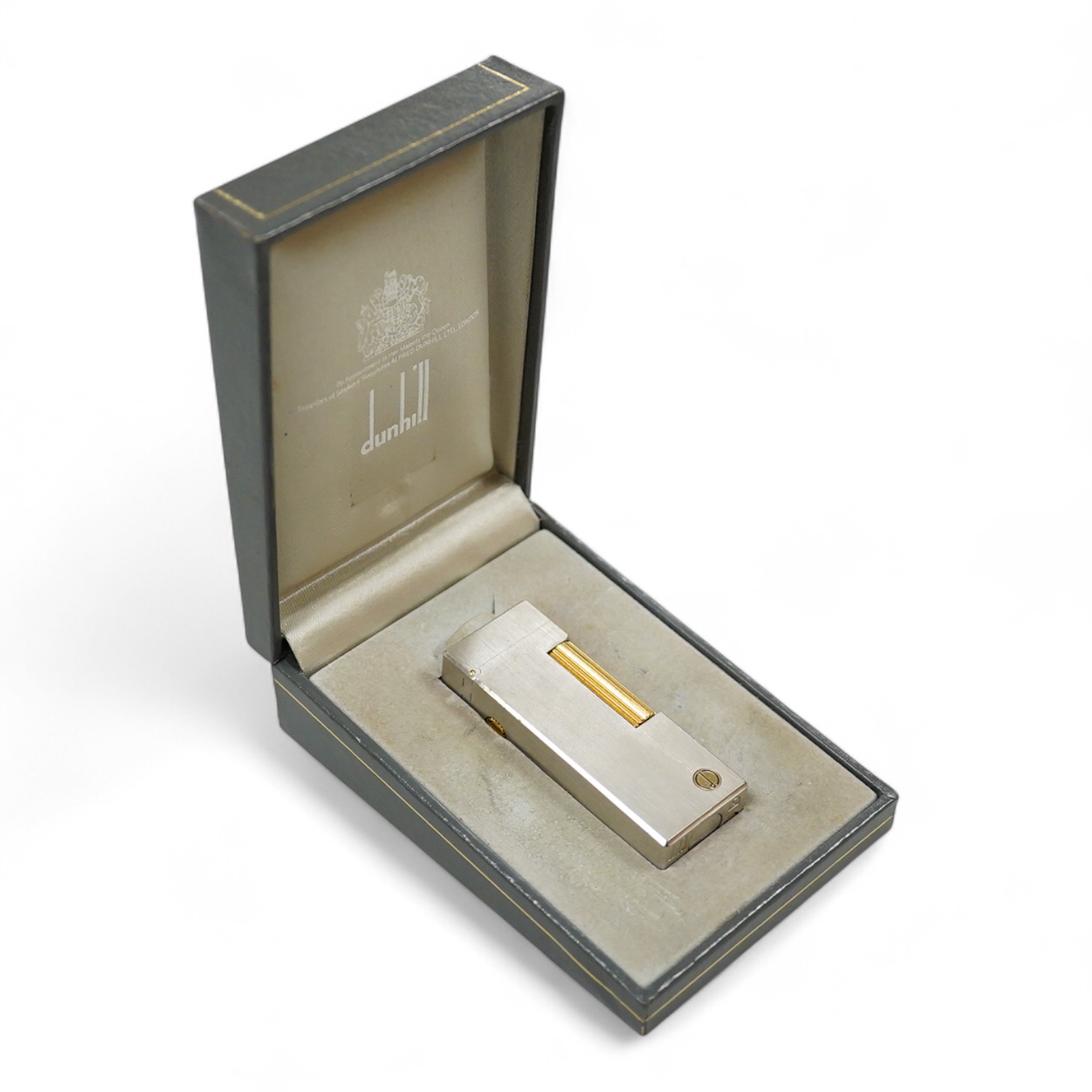 A boxed Dunhill Rollagas with brushed palladium finish and contrasting metal ignition roller-6cm high